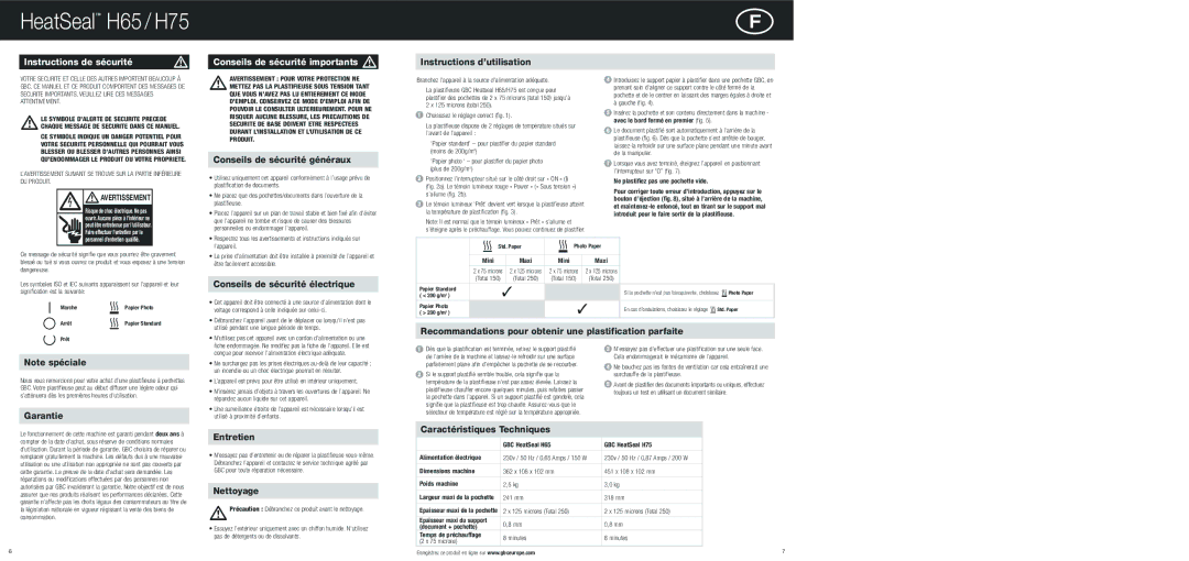 ACCO Brands H65, H75 instruction manual Instructions de sécurité Conseils de sécurité importants 