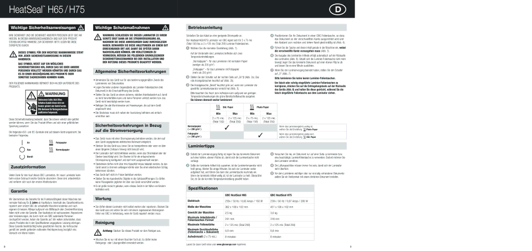 ACCO Brands H75, H65 instruction manual Wichtige Sicherheitsanweisungen Wichtige Schutzmaßnahmen 