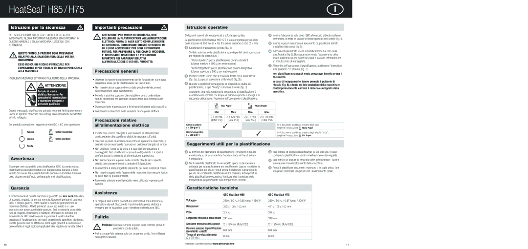 ACCO Brands H65, H75 instruction manual Istruzioni per la sicurezza Importanti precauzioni 