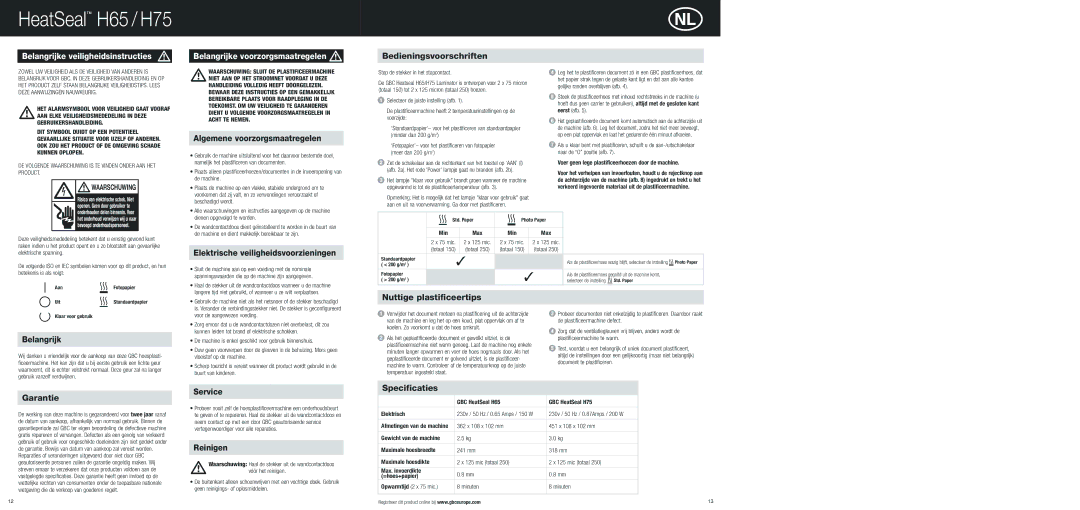 ACCO Brands H75, H65 instruction manual Belangrijke veiligheidsinstructies, Belangrijke voorzorgsmaatregelen 