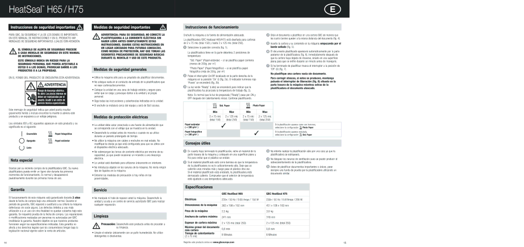 ACCO Brands H65, H75 Instrucciones de funcionamiento, Medidas de seguridad generales, Medidas de protección eléctricas 