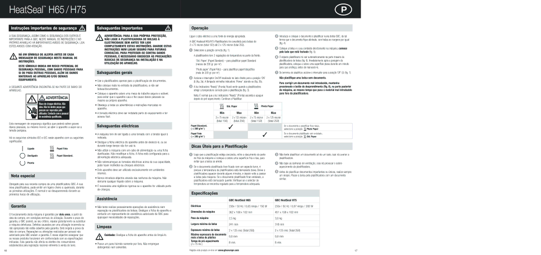 ACCO Brands H75, H65 Operação, Salvaguardas gerais, Salvaguardas eléctricas, Dicas Úteis para a Plastificação, Garantia 