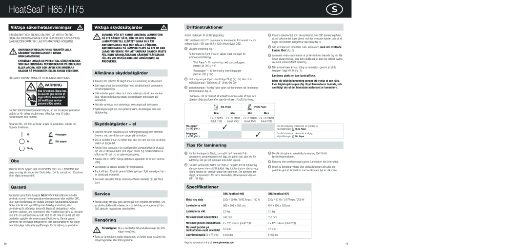 ACCO Brands H65, H75 instruction manual Viktiga säkerhetsanvisningar, Viktiga skyddsåtgärder 