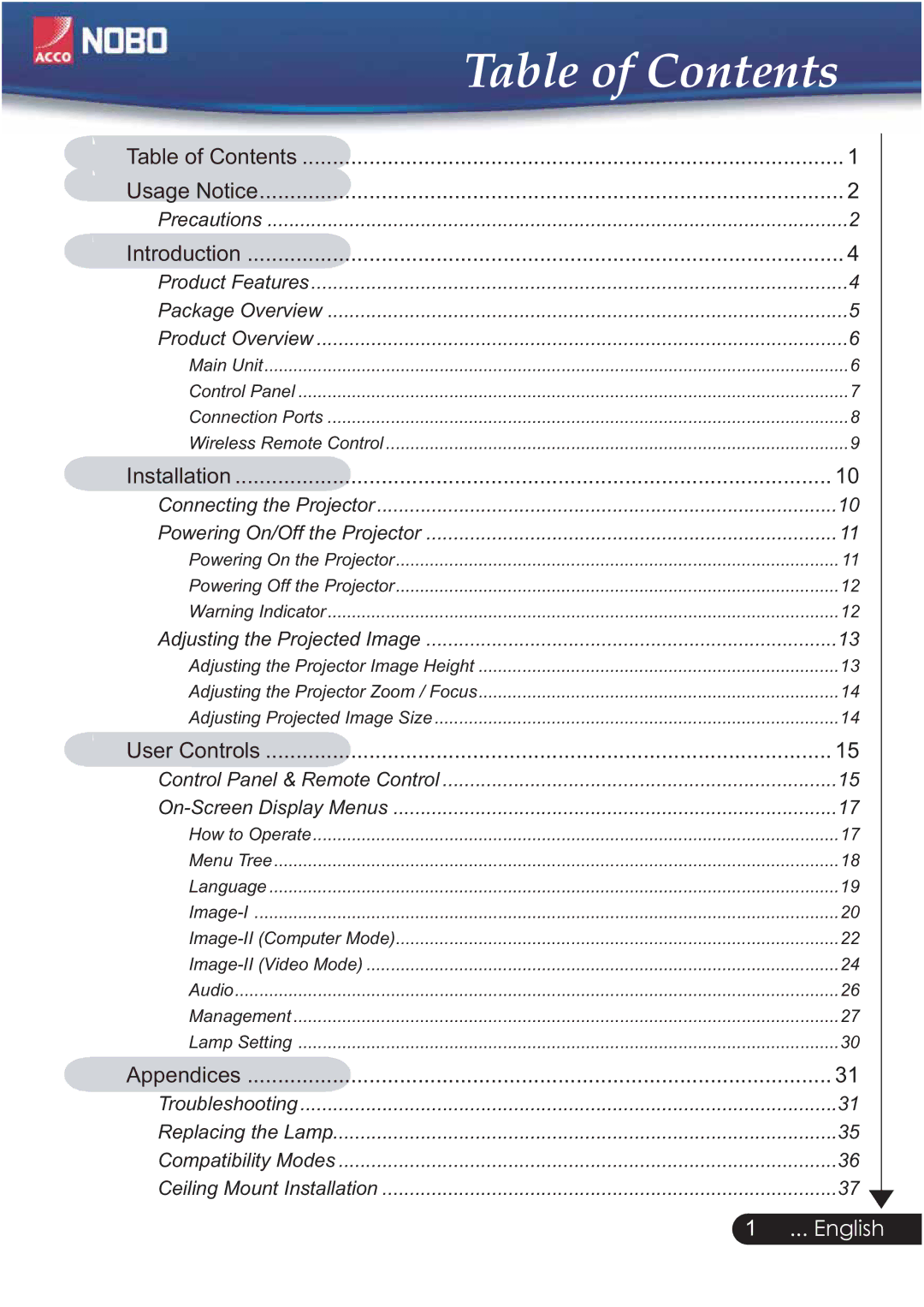 ACCO Brands NOBO manual Table of Contents 