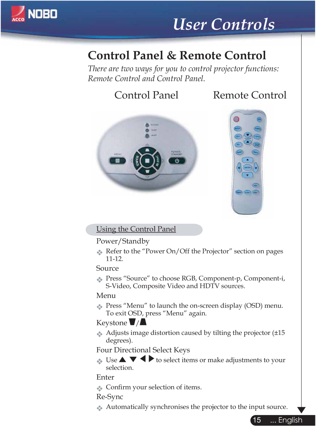 ACCO Brands NOBO manual User Controls, Control Panel & Remote Control 