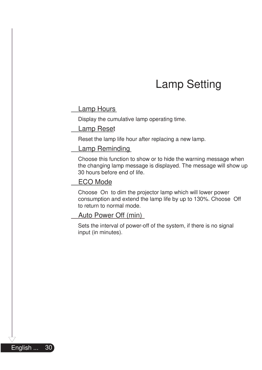 ACCO Brands NOBO manual Lamp Hours, Lamp Reset, Lamp Reminding, ECO Mode, Auto Power Off min 