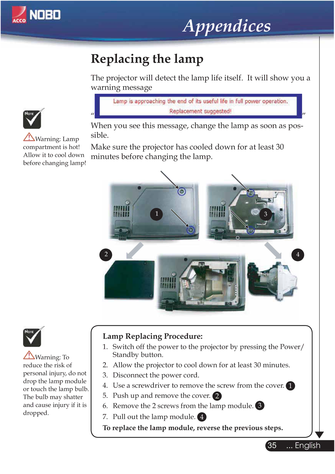 ACCO Brands NOBO manual Replacing the lamp, Lamp Replacing Procedure 