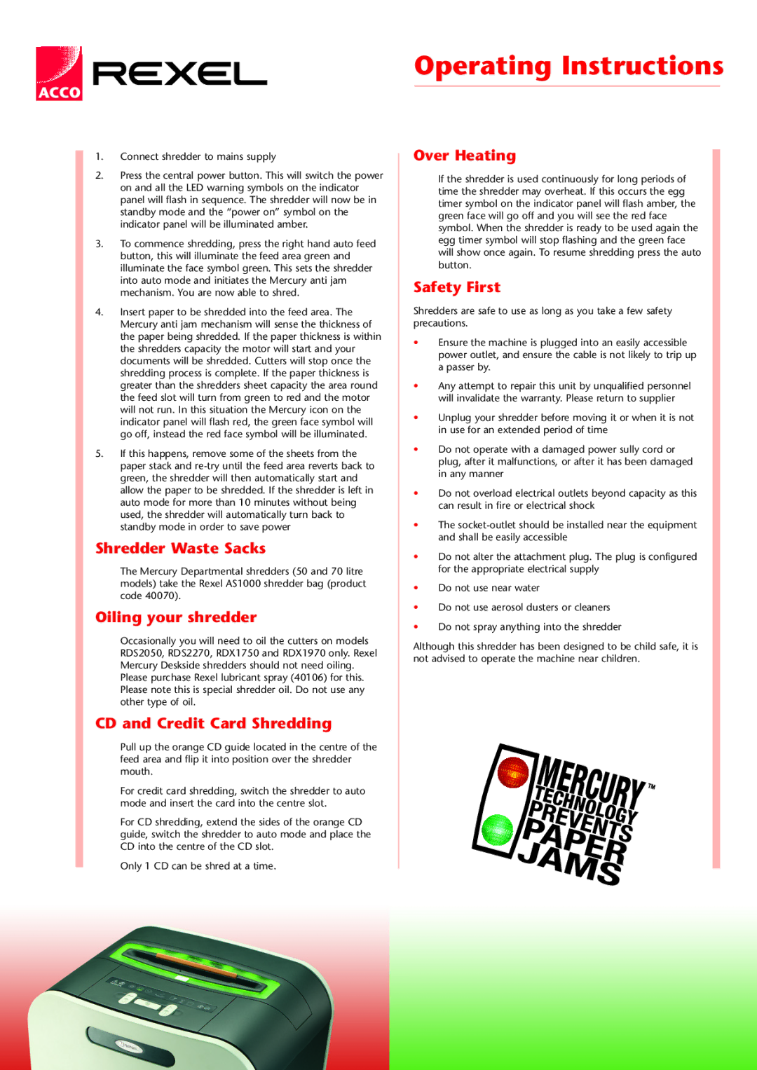 ACCO Brands Paper Shredder warranty Operating Instructions 