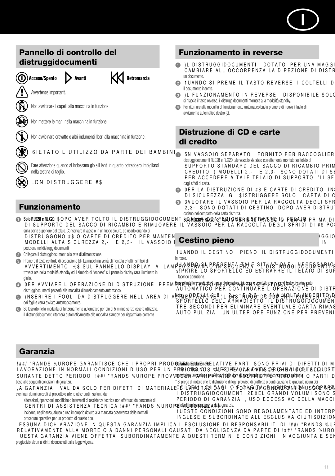 ACCO Brands RLM11 Pannello di controllo del distruggidocumenti, Funzionamento in reverse, Cestino pieno, Garanzia 