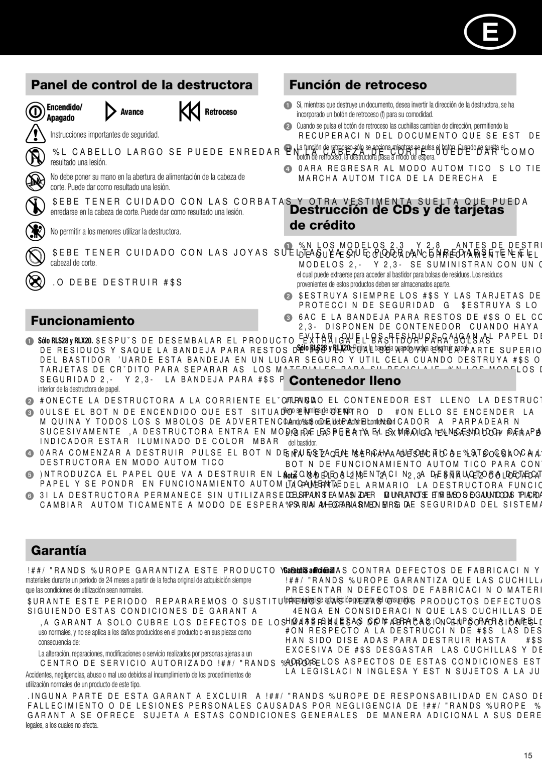 ACCO Brands RLM11 Panel de control de la destructora, Funcionamiento, Función de retroceso, Contenedor lleno, Garantía 