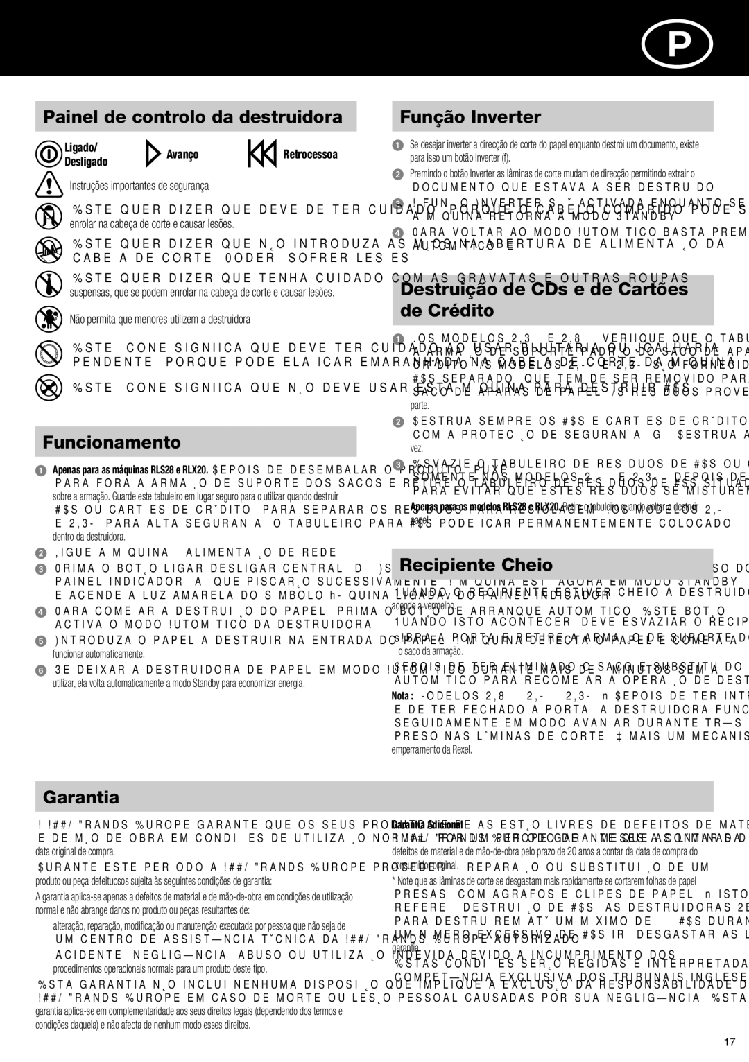 ACCO Brands RLX20, RLSM9 Painel de controlo da destruidora, Funcionamento, Função Inverter, Recipiente Cheio, Garantia 