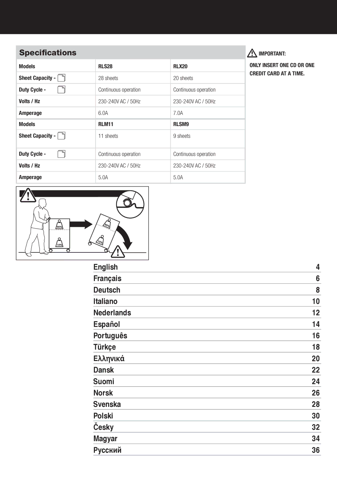 ACCO Brands RLS28, RLSM9, RLX20, RLM11 instruction manual Specifications, English 