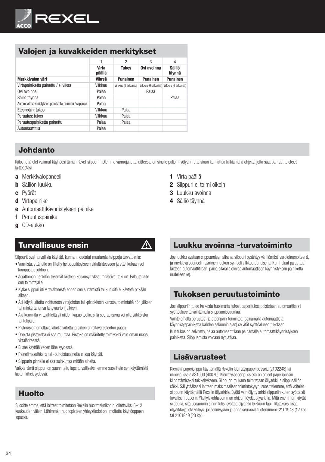 ACCO Brands RLSM9, RLX20, RLS28, RLM11 instruction manual Turvallisuus ensin 