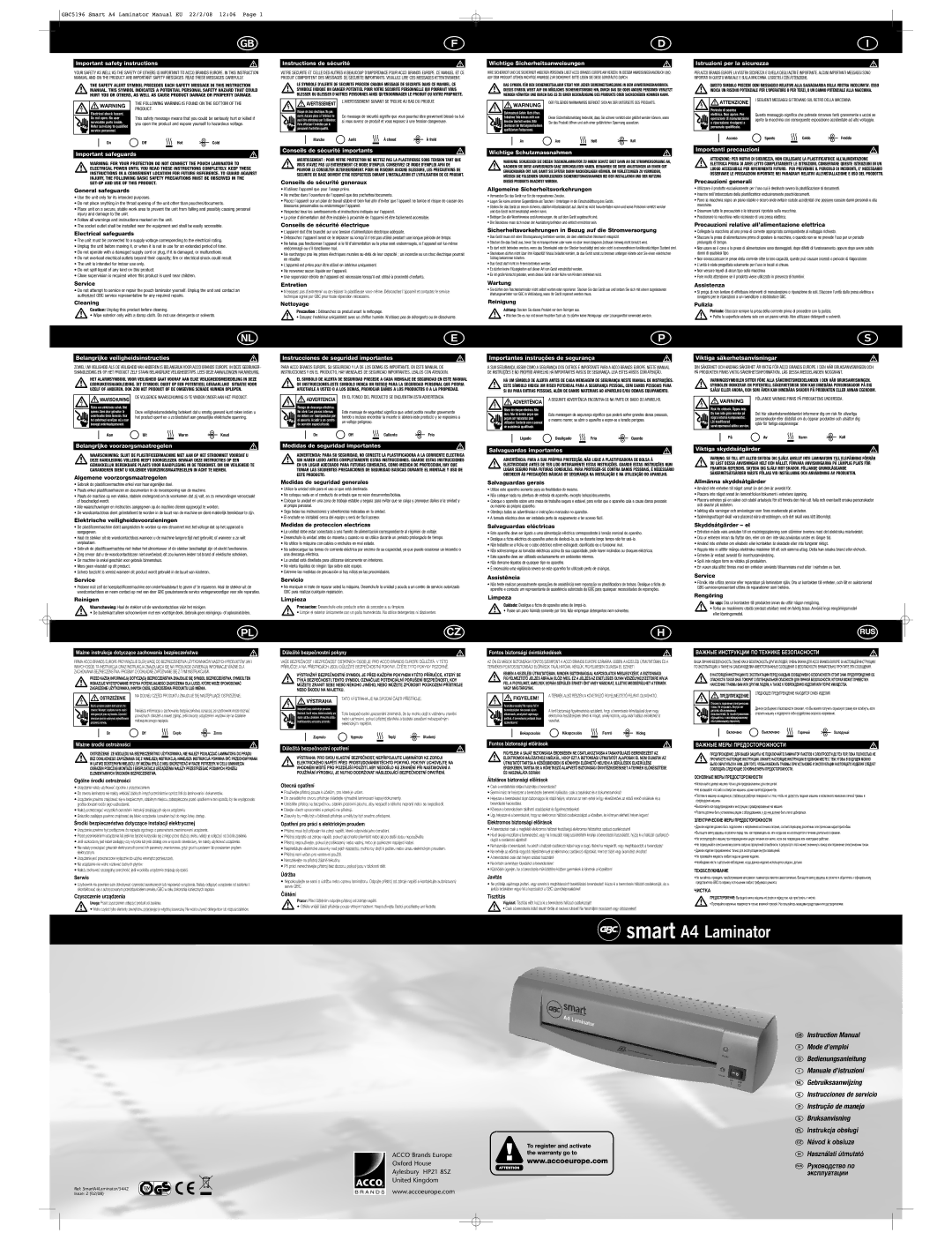 ACCO Brands SmartA4Laminator/5442 important safety instructions Important safety instructions, Important safeguards 