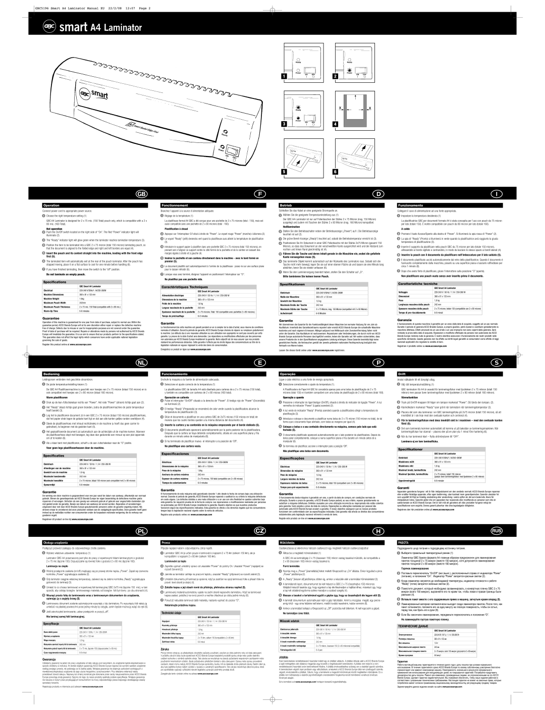 ACCO Brands SmartA4Laminator/5442 Operation, Bediening, Obsługa urządzenia, Fonctionnement, Funcionamiento, Provoz 