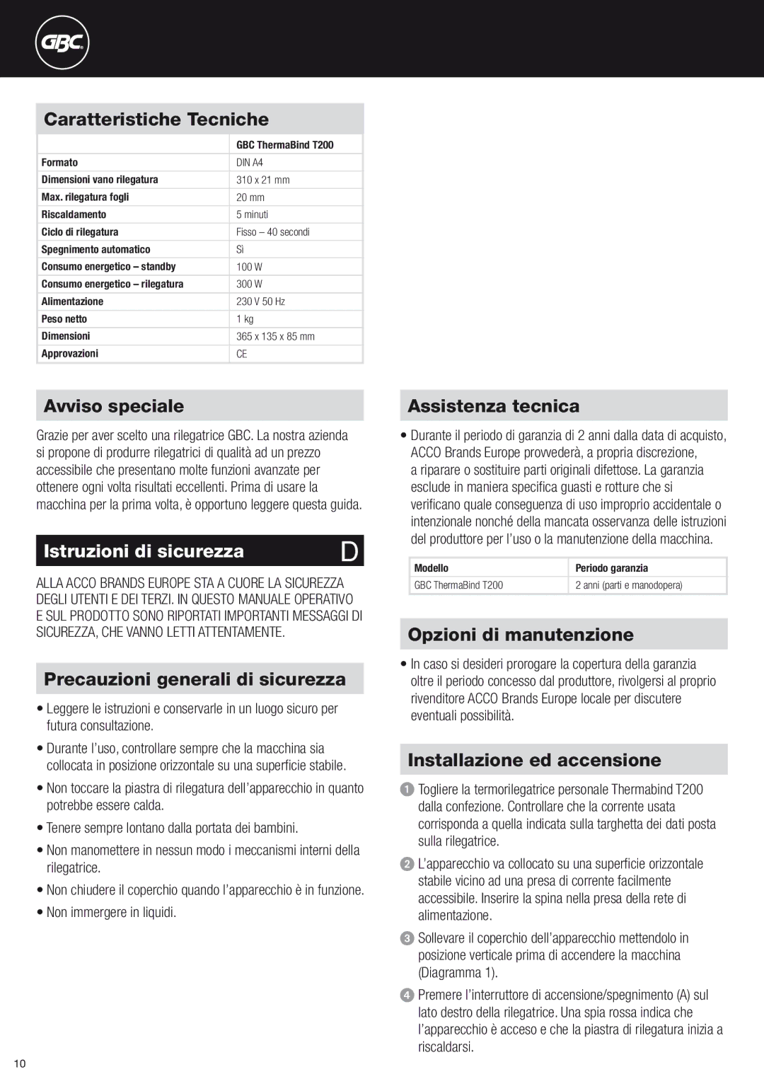 ACCO Brands T200 instruction manual Istruzioni di sicurezza 