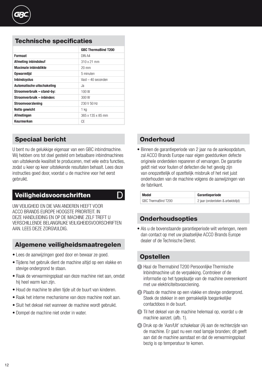 ACCO Brands T200 instruction manual Veiligheidsvoorschriften m 