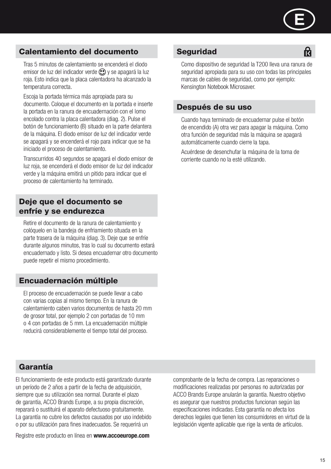 ACCO Brands T200 Calentamiento del documento, Seguridad, Después de su uso, Deje que el documento se enfríe y se endurezca 