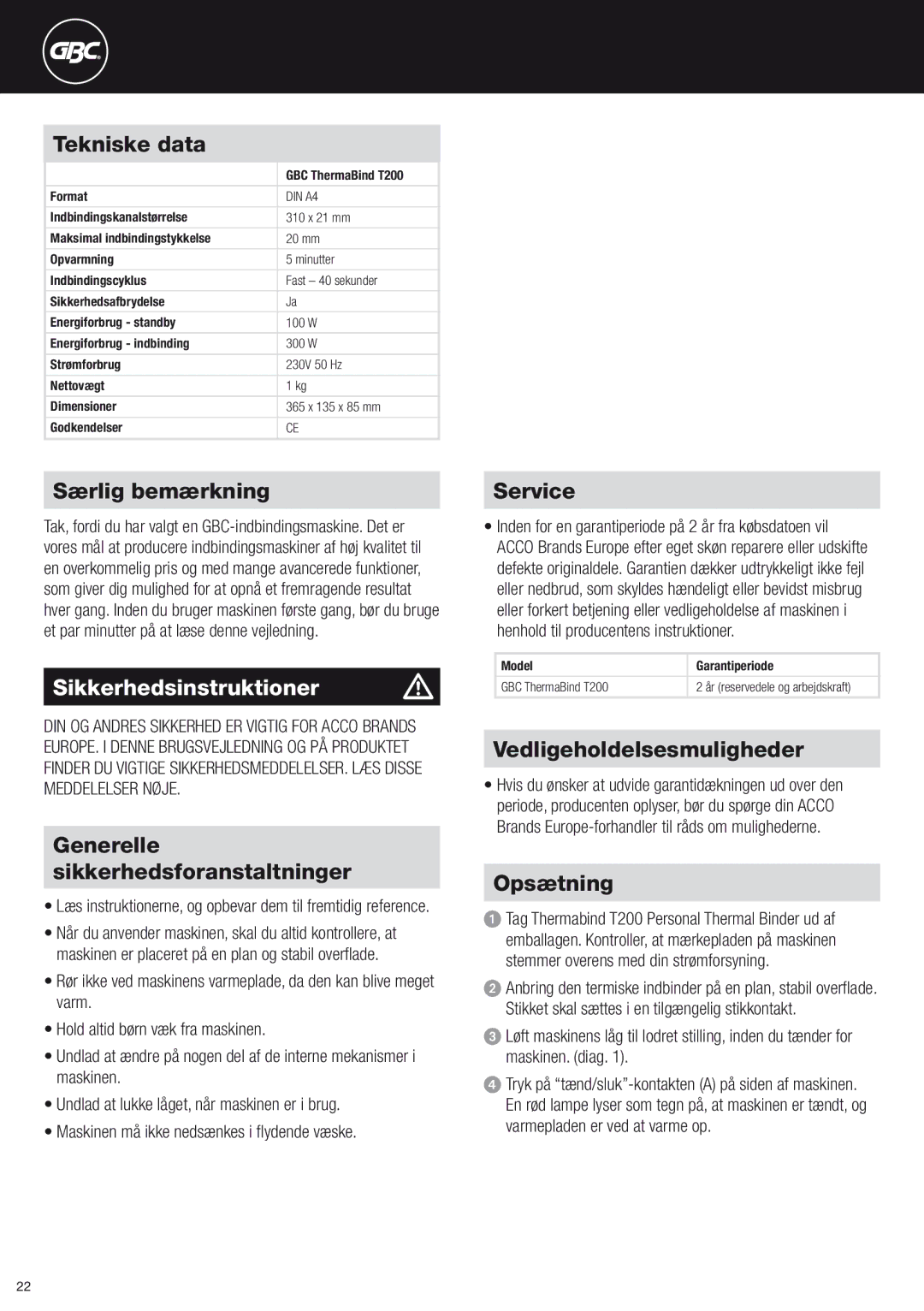 ACCO Brands T200 instruction manual Sikkerhedsinstruktioner m 