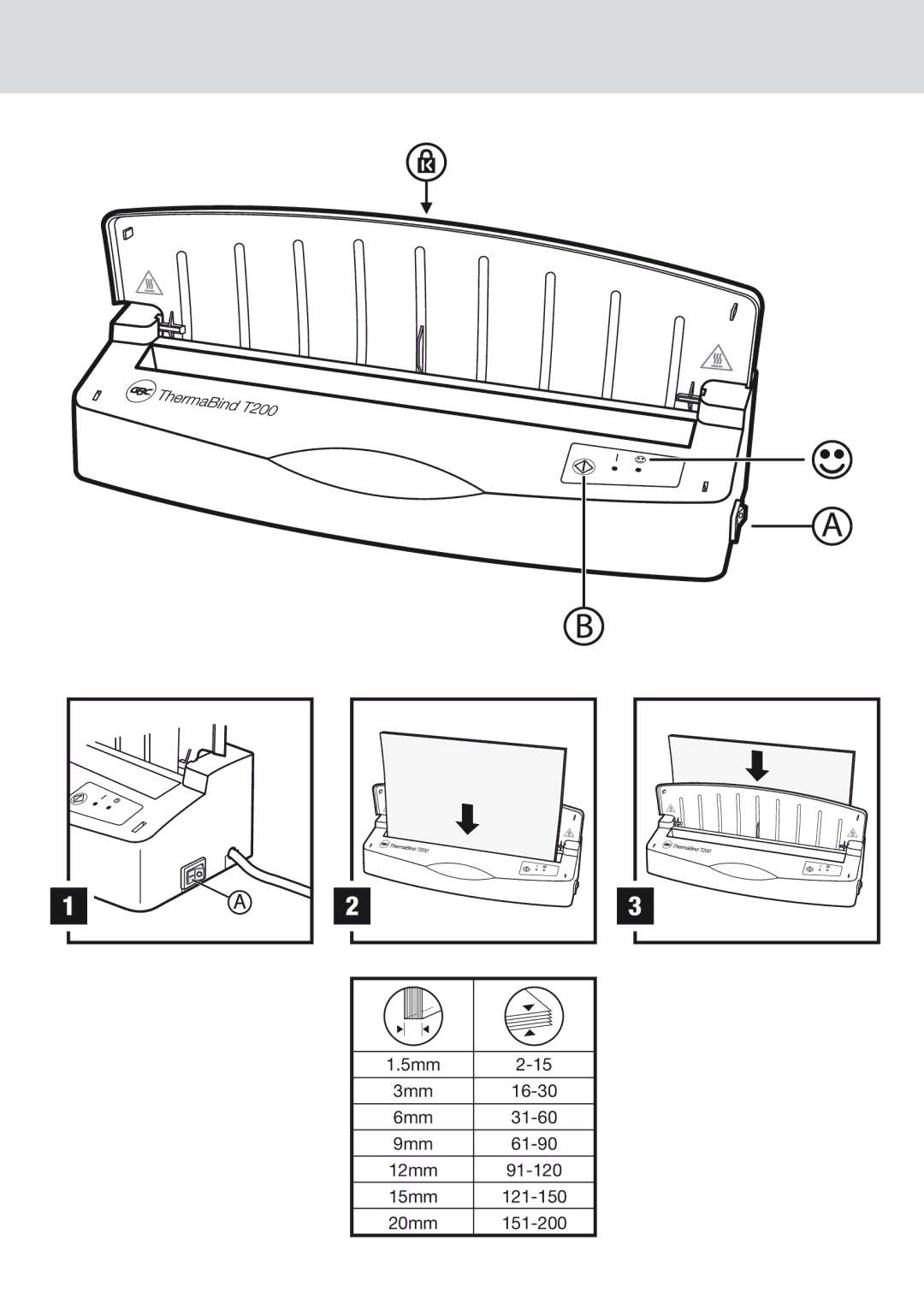 ACCO Brands T200 instruction manual 5mm 3mm 16-30 6mm 31-60 9mm 61-90 12mm 91-120 15mm, 20mm 