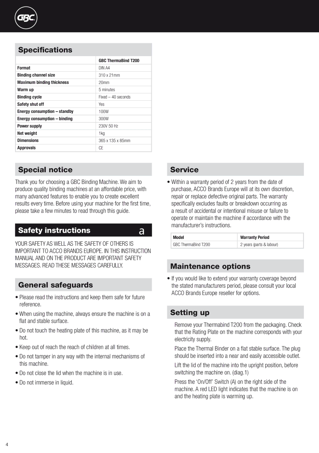 ACCO Brands T200 instruction manual Safety instructions 