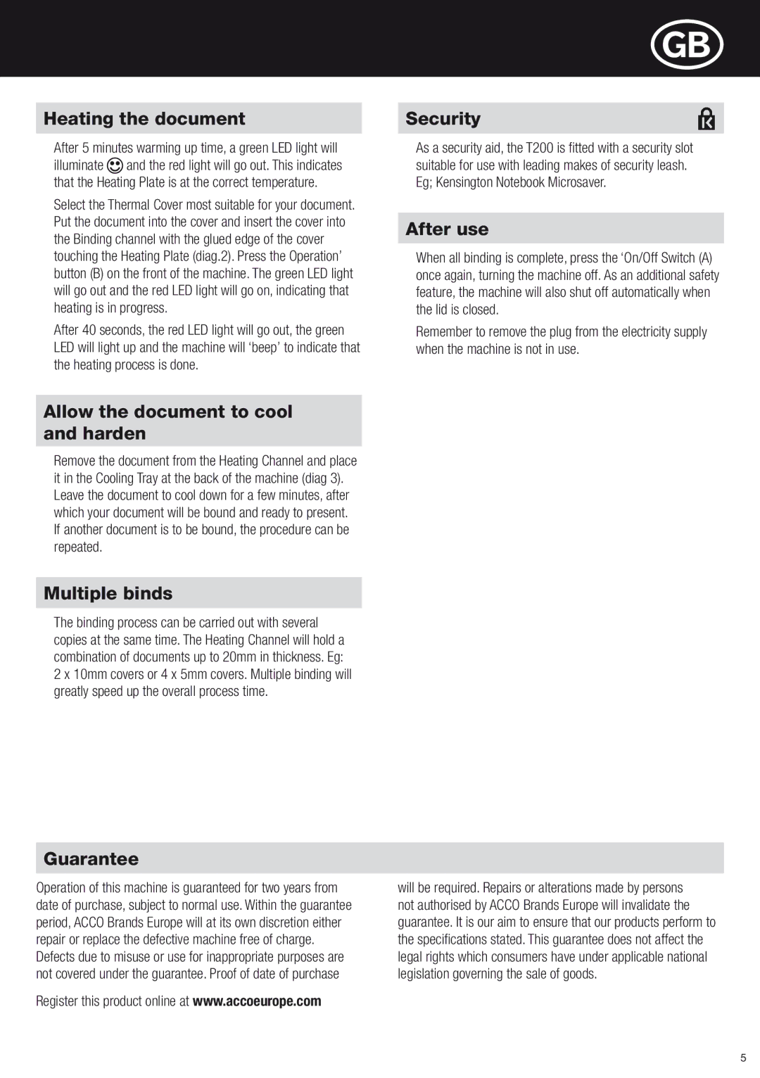 ACCO Brands T200 Heating the document, Security, After use, Allow the document to cool and harden, Multiple binds 