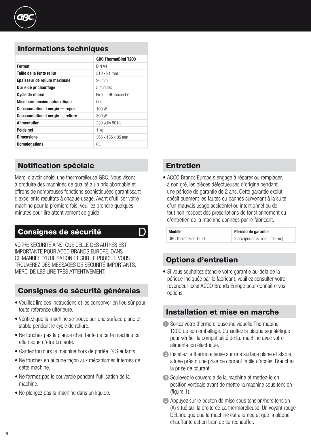 ACCO Brands T200 instruction manual Consignes de sécurité 