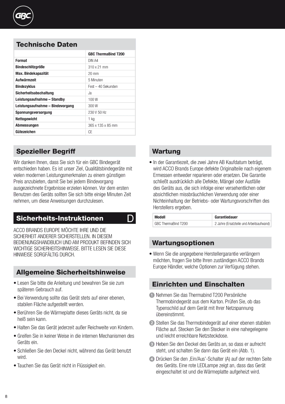 ACCO Brands T200 instruction manual Sicherheits-Instruktionen m 