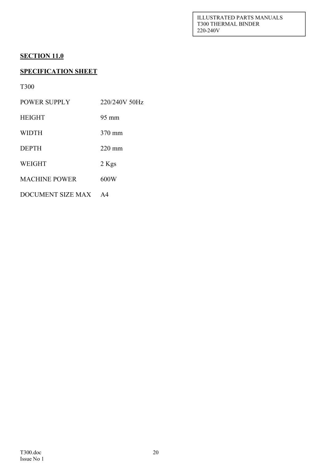 ACCO Brands T300 manual Section Specification Sheet 