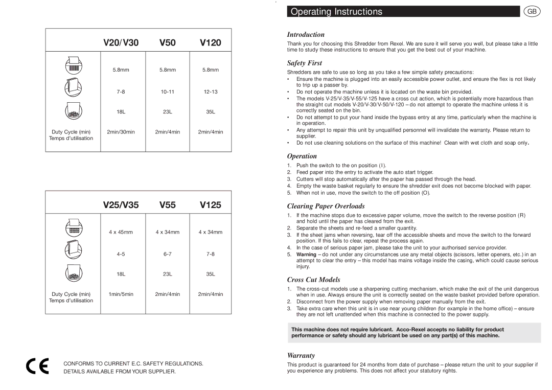 ACCO Brands V-55, V-50, V-35, V-30, V-120, V-20, V-25, V-125 manual do utilizador Operating Instructions 