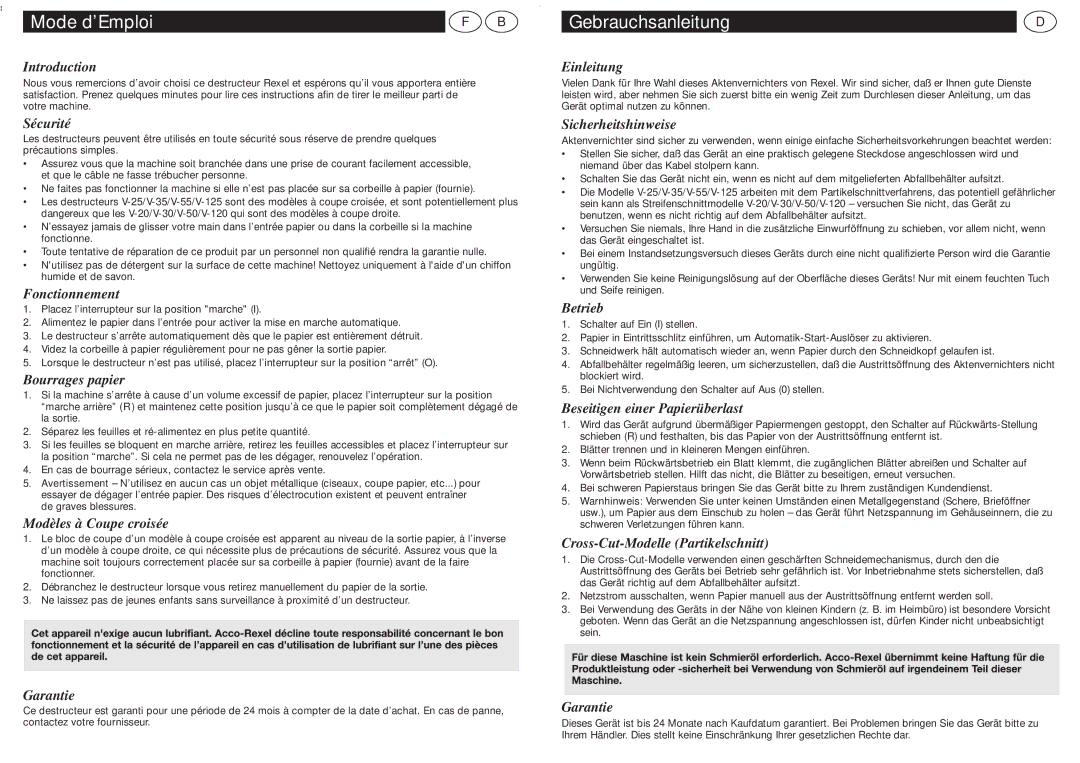 ACCO Brands V-30, V-50, V-35, V-55, V-120, V-20, V-25, V-125 manual do utilizador Mode d’Emploi, Gebrauchsanleitung 