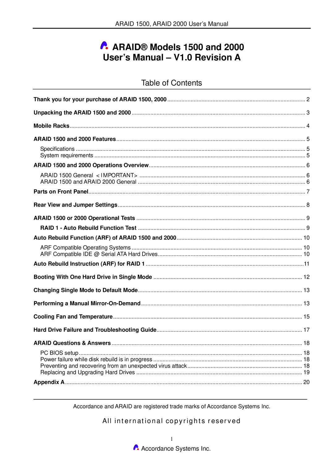 Accordance Systems 2000 user manual Araid Models 1500 User’s Manual V1.0 Revision a, Table of Contents 