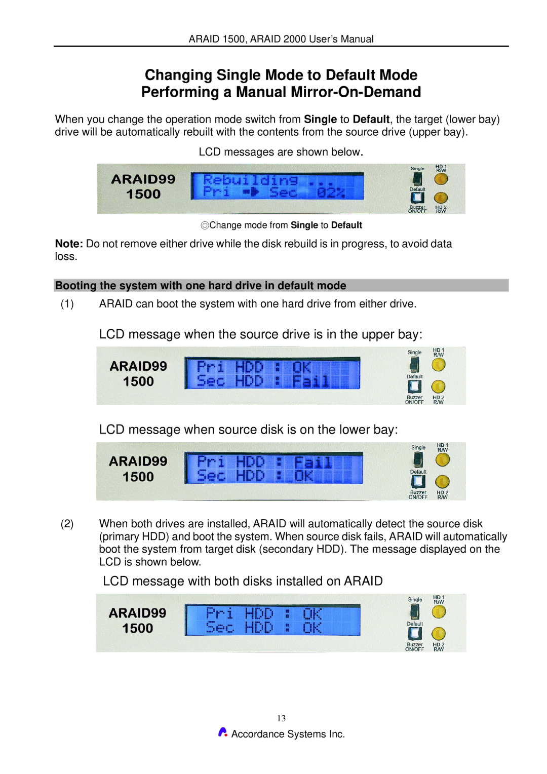 Accordance Systems 2000 user manual LCD message with both disks installed on Araid 