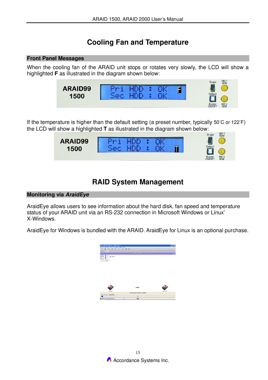 Accordance Systems 2000 Cooling Fan and Temperature, RAID System Management, Front Panel Messages, Monitoring via AraidEye 