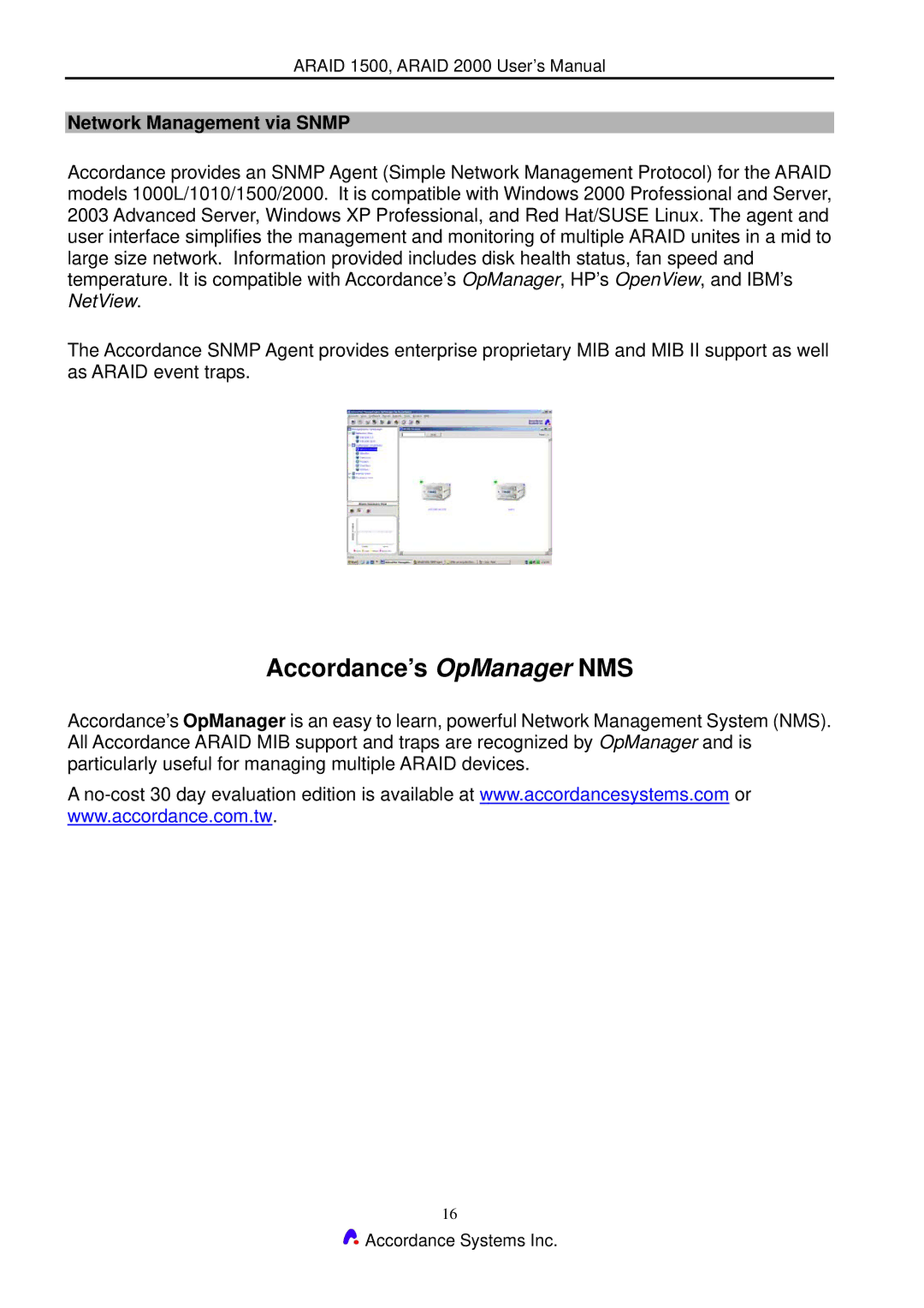 Accordance Systems 2000 user manual Accordance’s OpManager NMS, Network Management via Snmp 