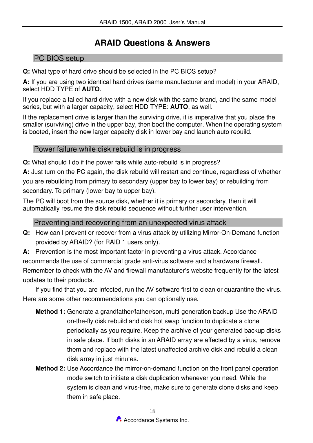 Accordance Systems 2000 Araid Questions & Answers, PC Bios setup, Power failure while disk rebuild is in progress 