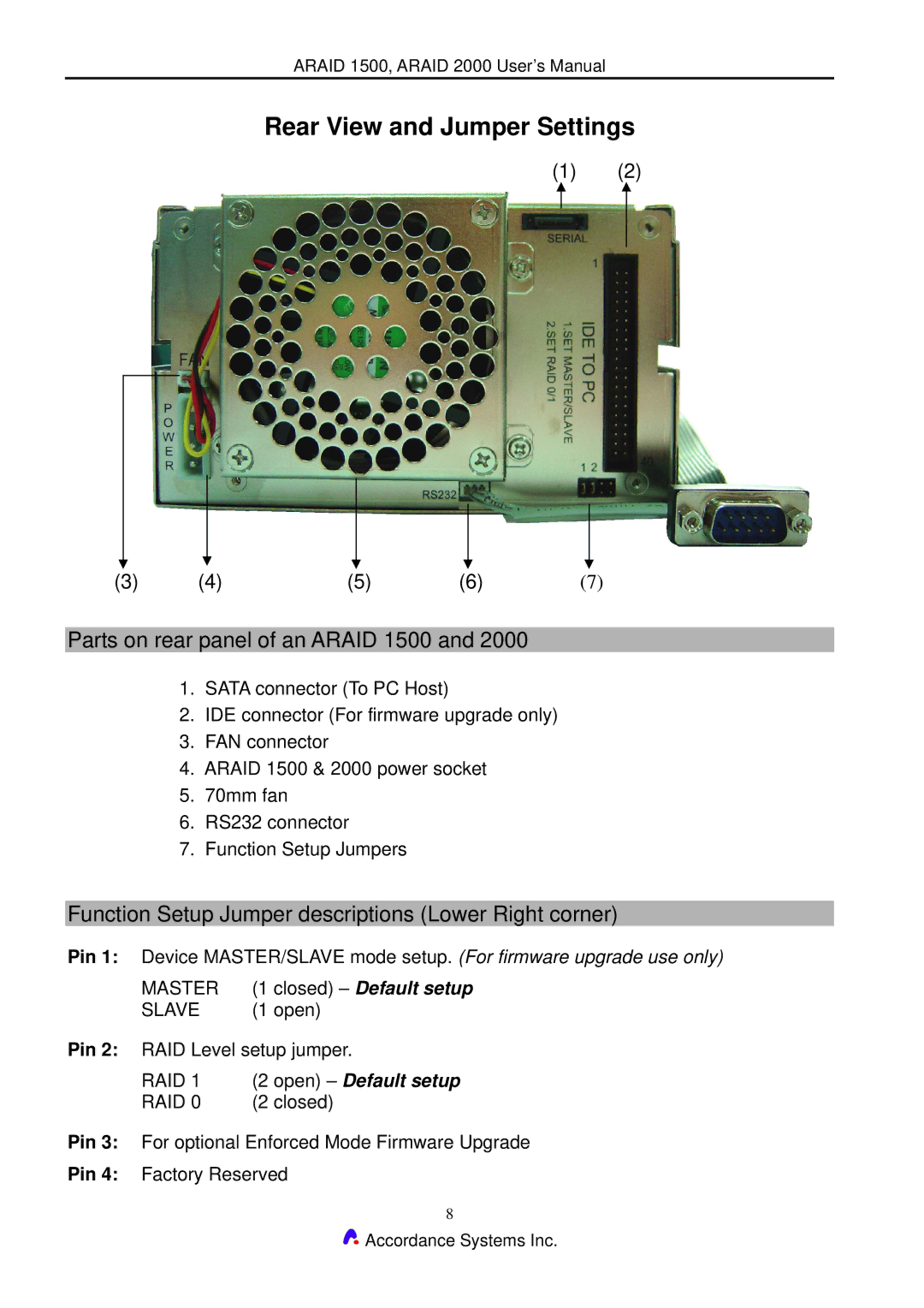 Accordance Systems 2000 user manual Rear View and Jumper Settings, Parts on rear panel of an Araid 1500 