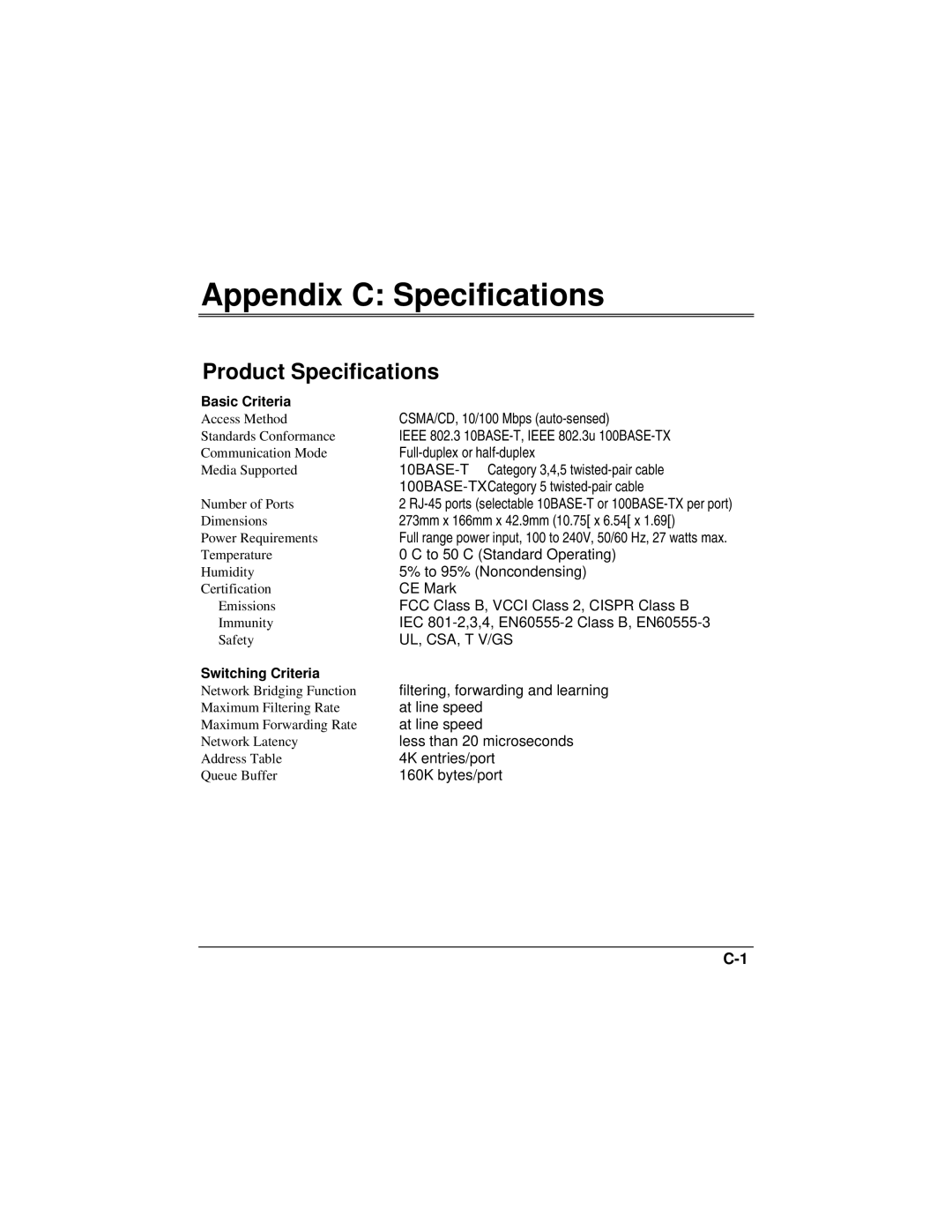 Accton Technology 100BASE-TX, 10BASE-T manual Appendix C Specifications, Product Specifications 