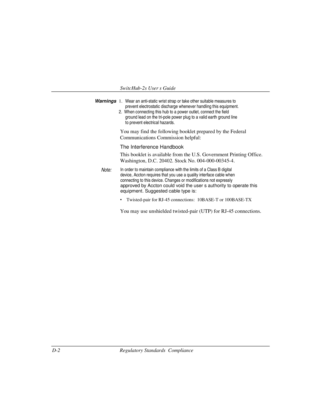 Accton Technology 100BASE-TX, 10BASE-T manual Regulatory Standards Compliance 