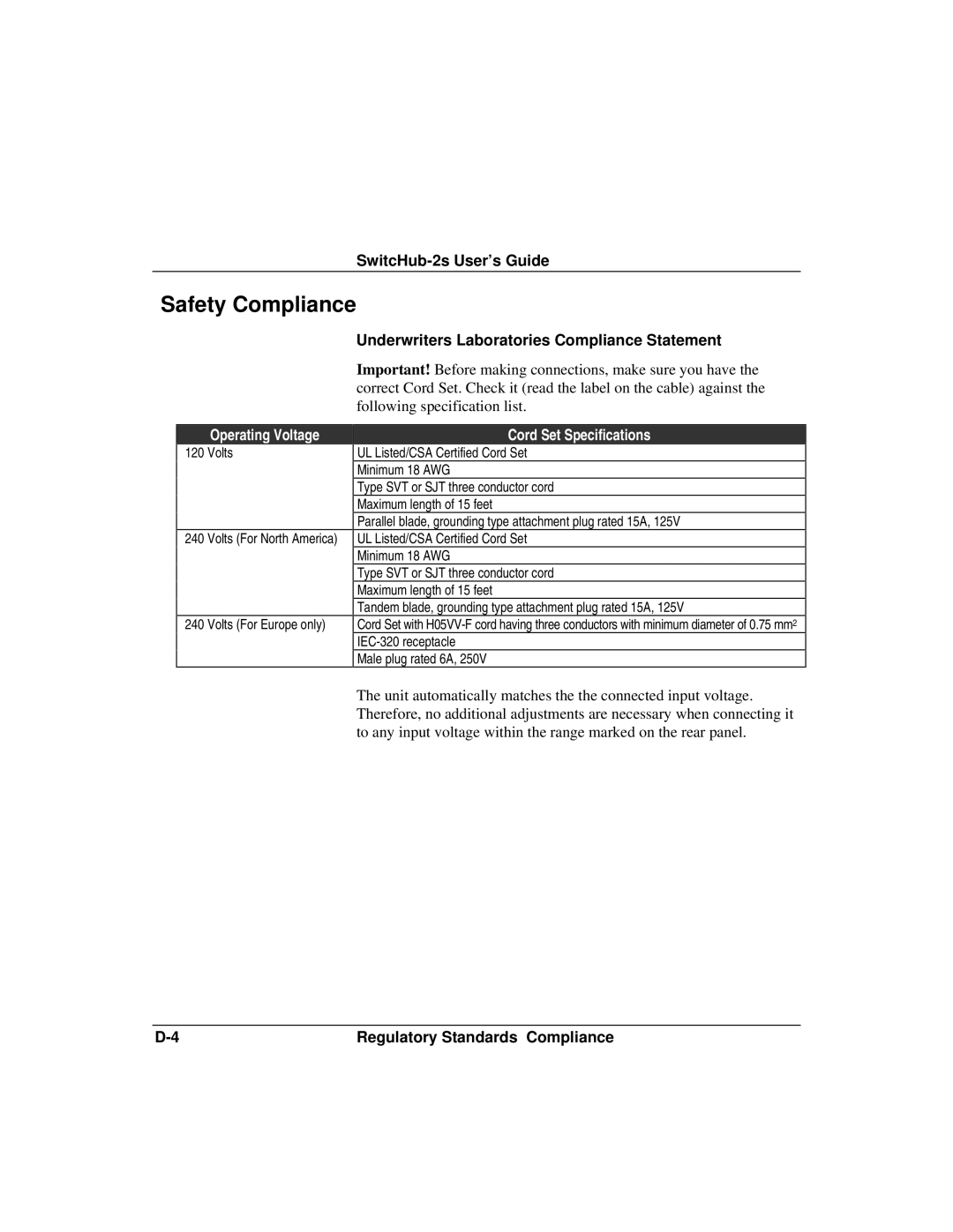 Accton Technology 100BASE-TX, 10BASE-T manual Safety Compliance, Operating Voltage 