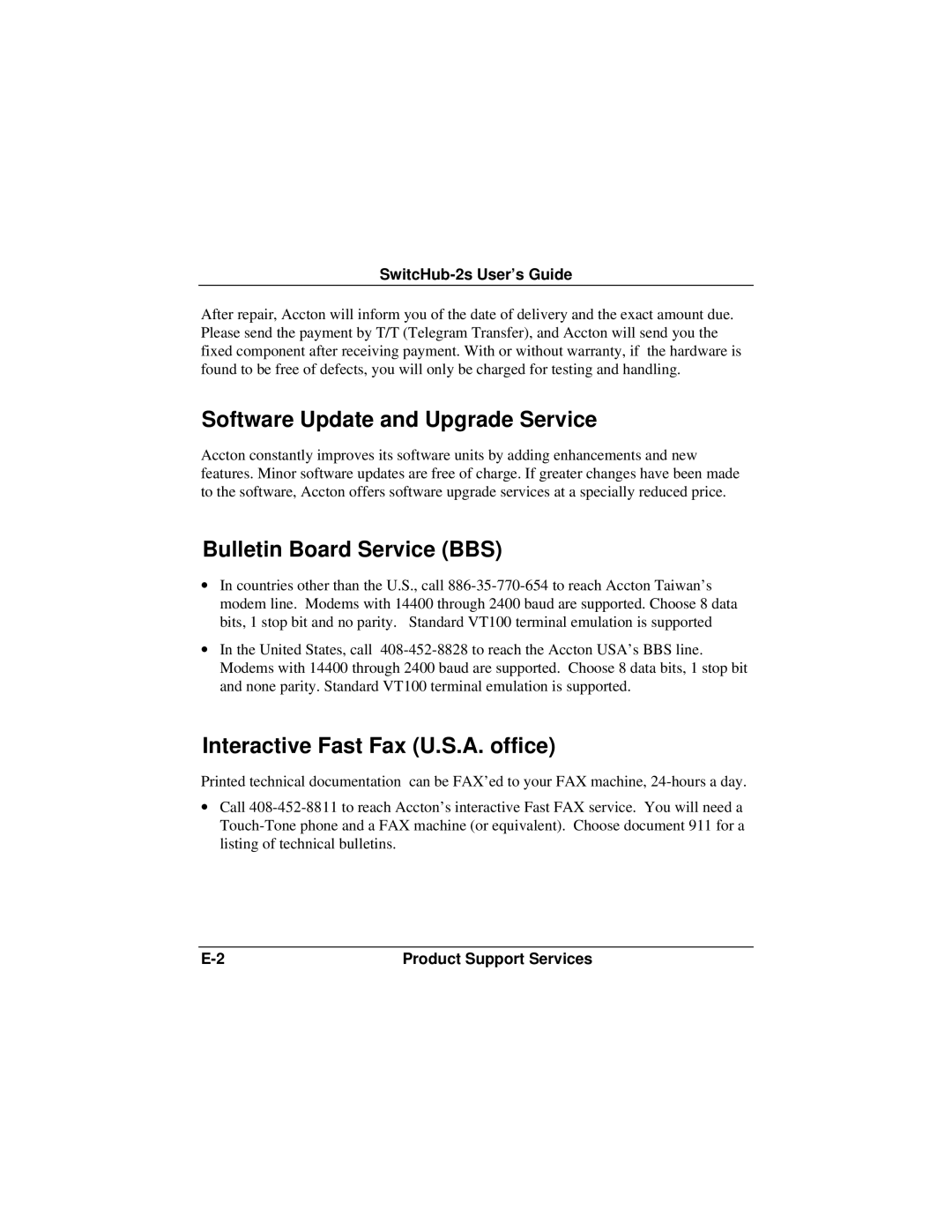 Accton Technology 10BASE-T, 100BASE-TX manual Software Update and Upgrade Service, Bulletin Board Service BBS 