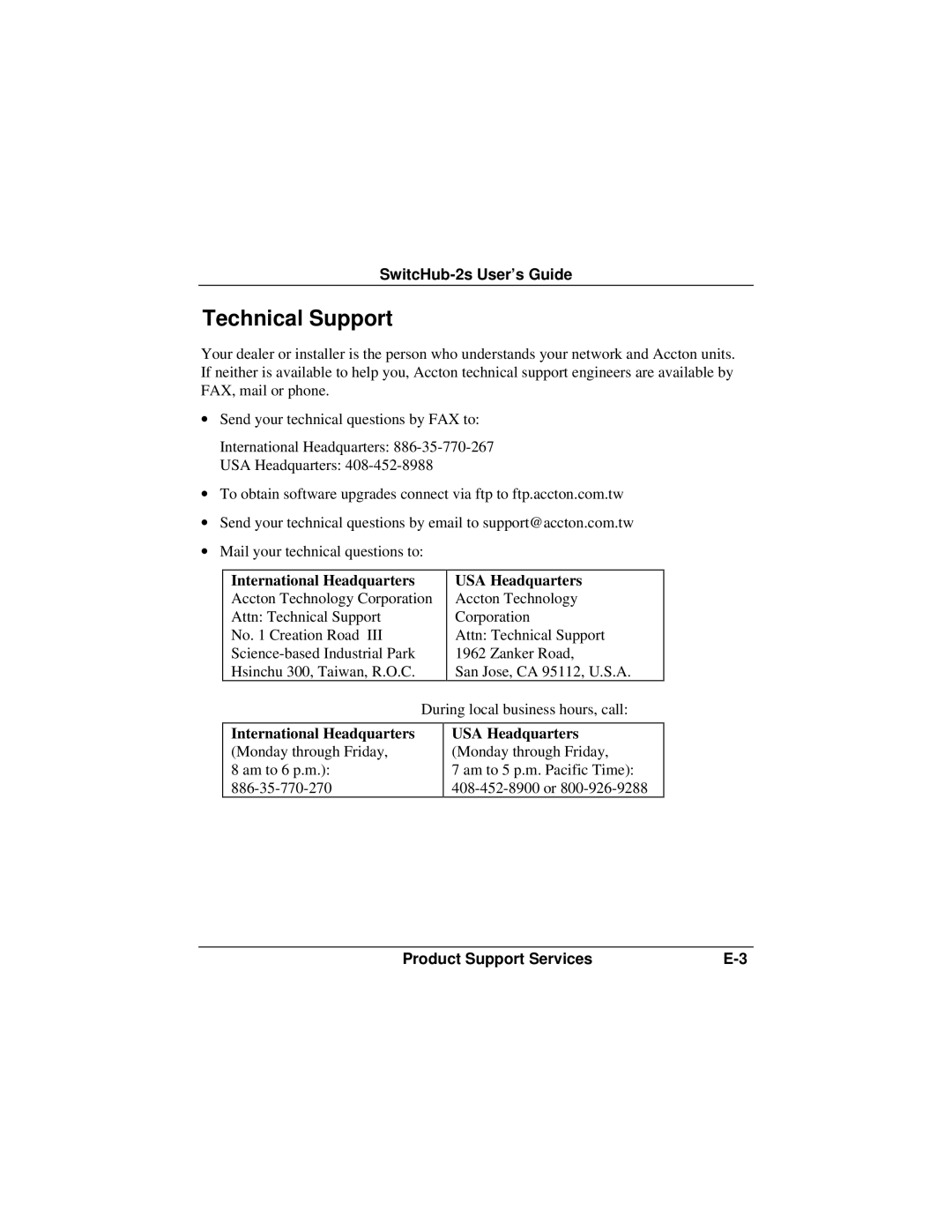 Accton Technology 100BASE-TX, 10BASE-T manual Technical Support, International Headquarters USA Headquarters 