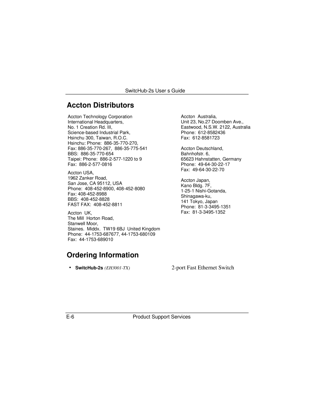 Accton Technology 10BASE-T, 100BASE-TX manual Accton Distributors, Ordering Information 