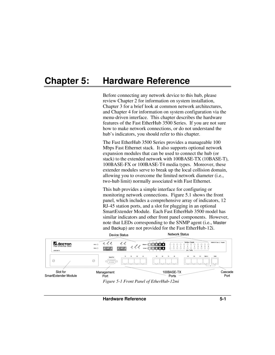 Accton Technology 12mi SNMP, 12i manual Hardware Reference, Front Panel of EtherHub-12mi 