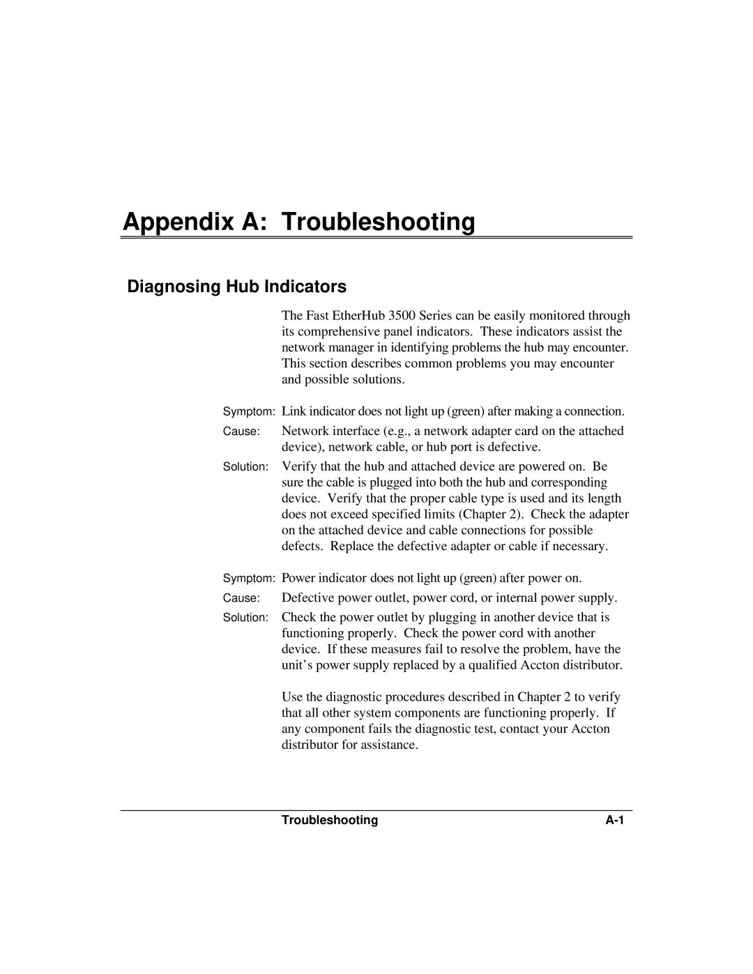 Accton Technology 12mi SNMP, 12i manual Appendix a Troubleshooting, Diagnosing Hub Indicators 