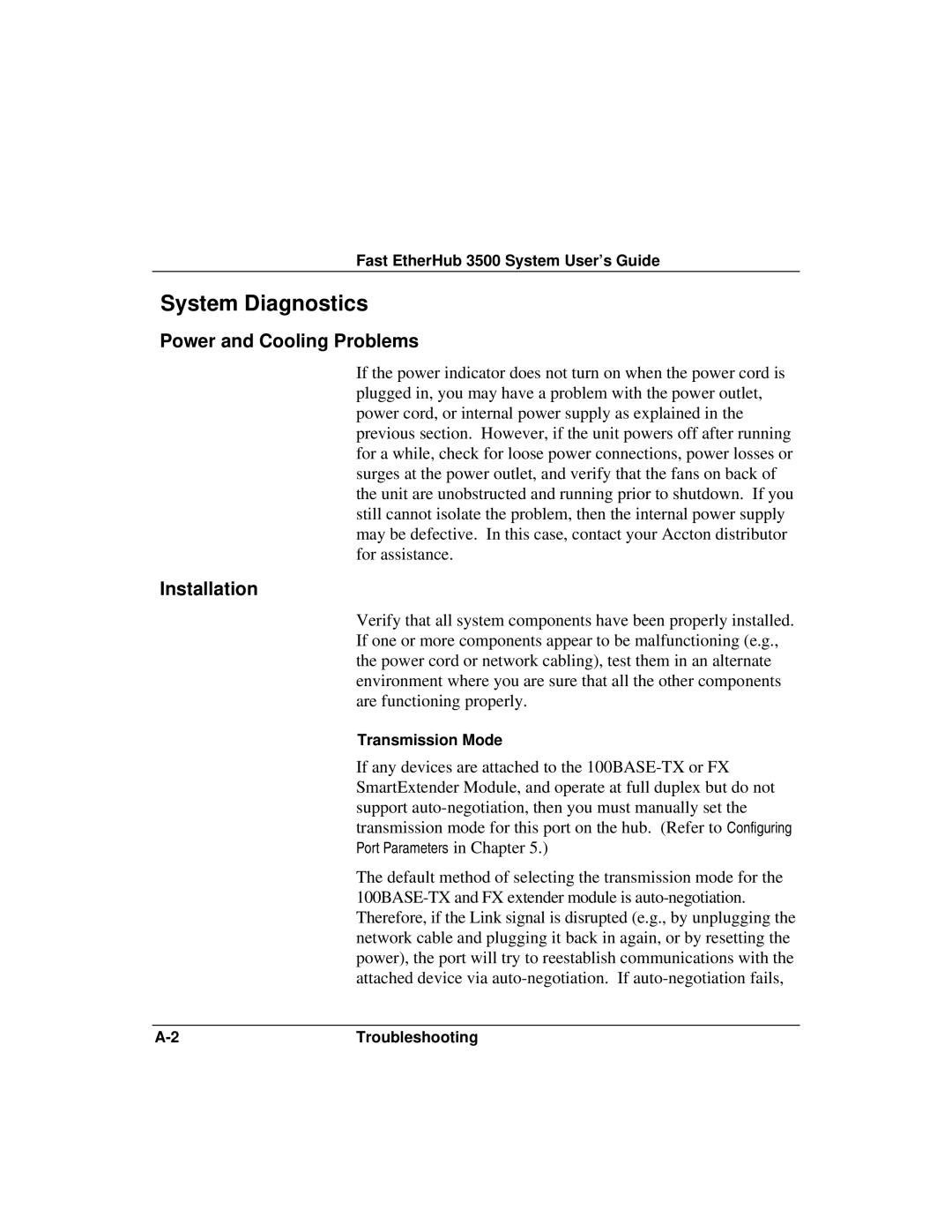 Accton Technology 12i, 12mi SNMP manual System Diagnostics, Power and Cooling Problems, Installation 