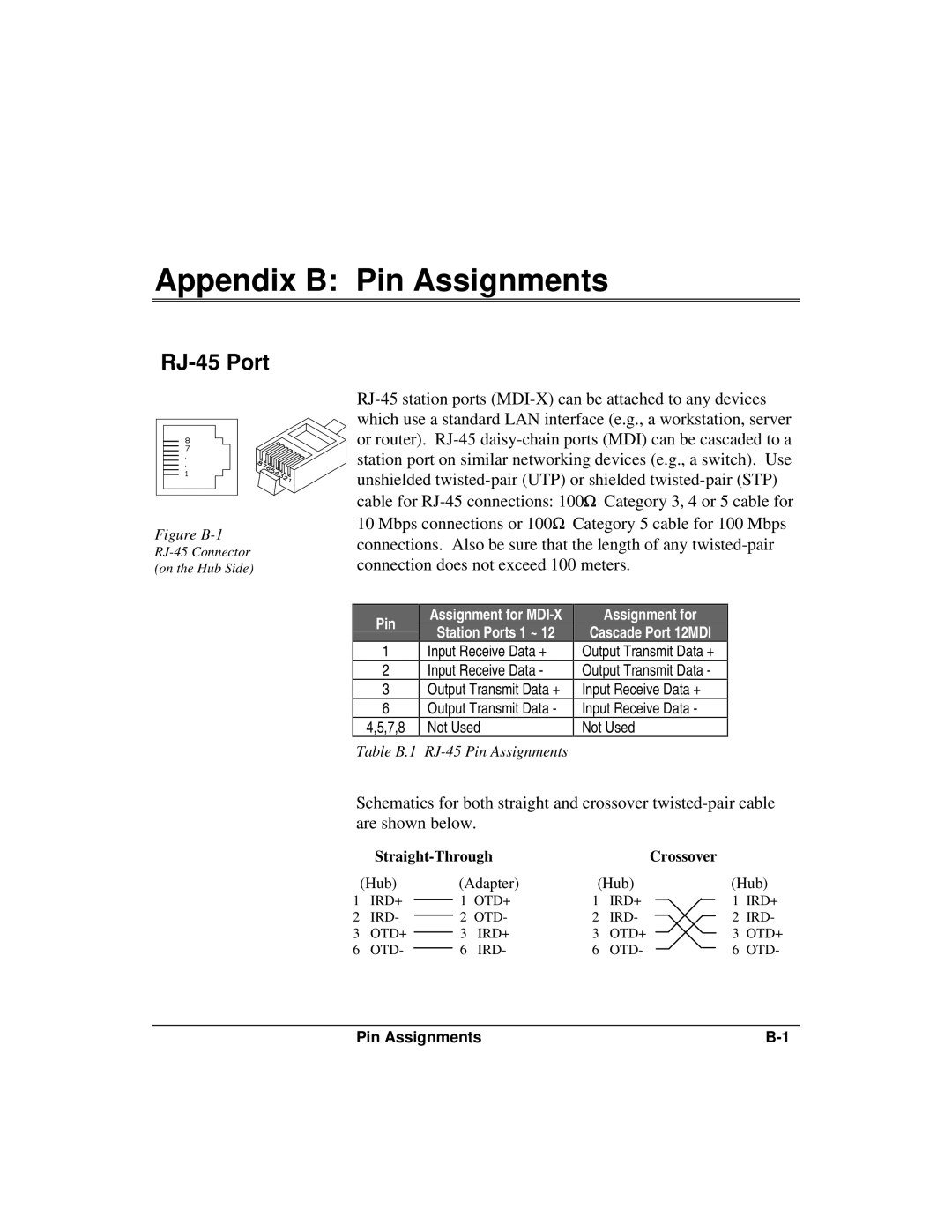 Accton Technology 12mi SNMP, 12i manual Appendix B Pin Assignments, RJ-45 Port 