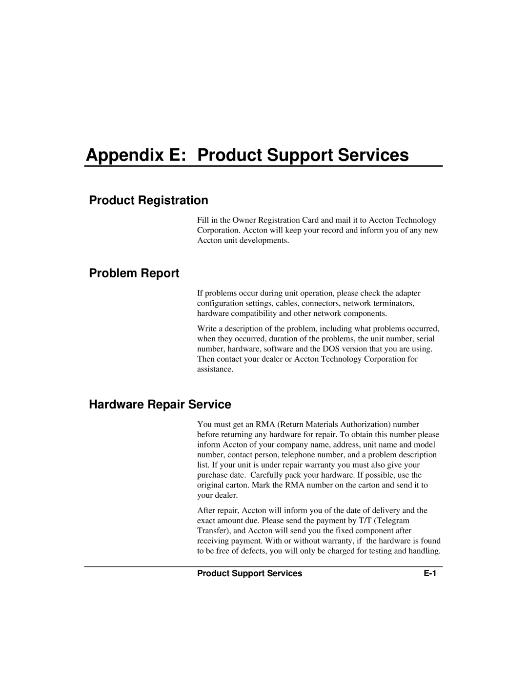 Accton Technology 12mi SNMP, 12i manual Appendix E Product Support Services, Product Registration, Problem Report 