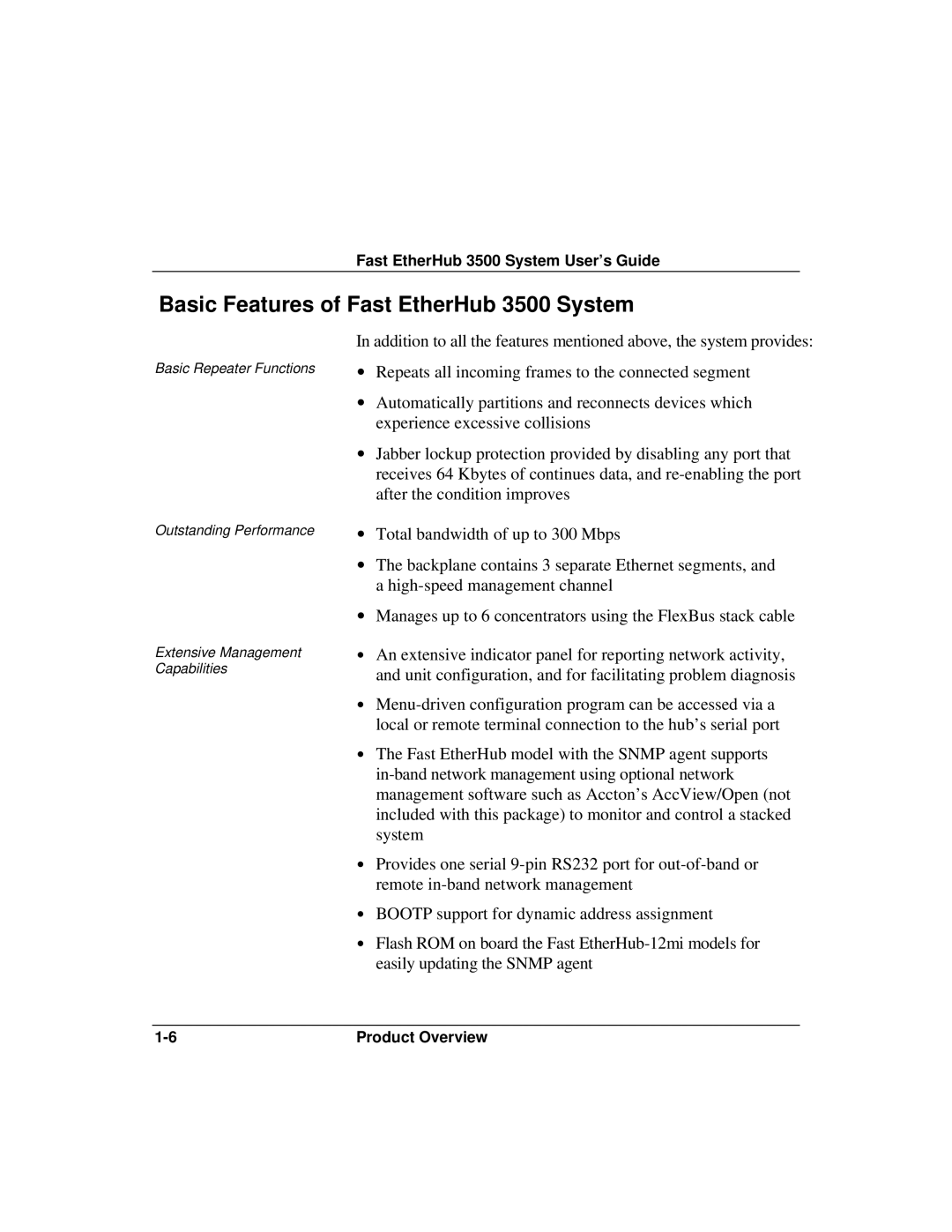 Accton Technology 12i, 12mi SNMP manual Basic Features of Fast EtherHub 3500 System 