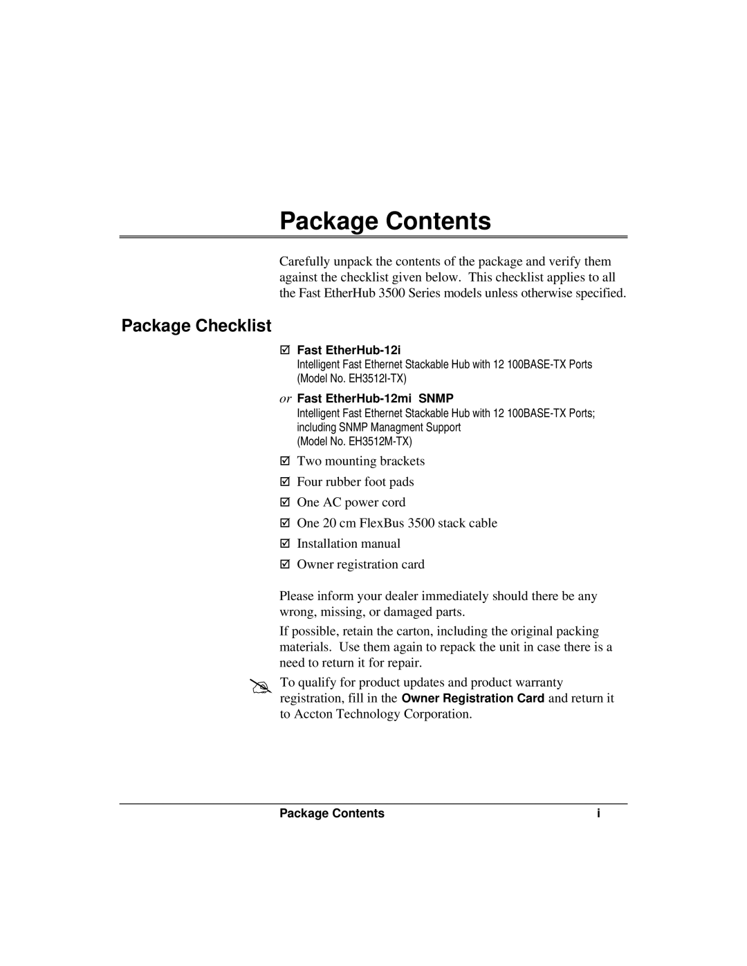 Accton Technology 12mi SNMP, 12i manual Package Contents 